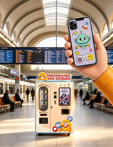 WM880 phone case vending machine in a train station