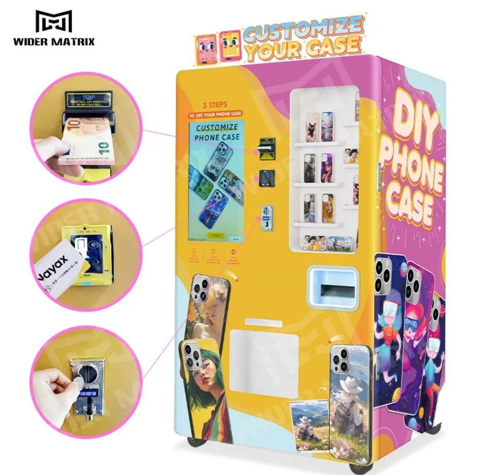 Customer using a phone case vending machine
