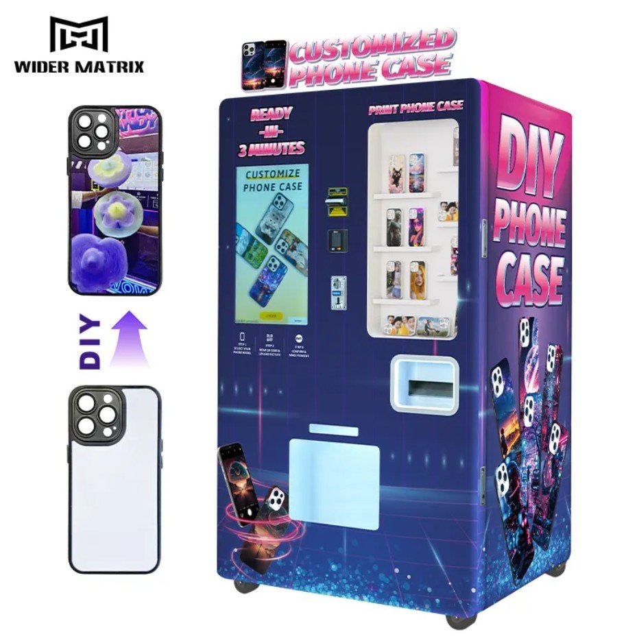 Customer creating custom phone case design at a kiosk