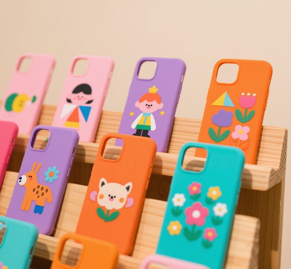 Smartphone cases displayed in various colors and designs
