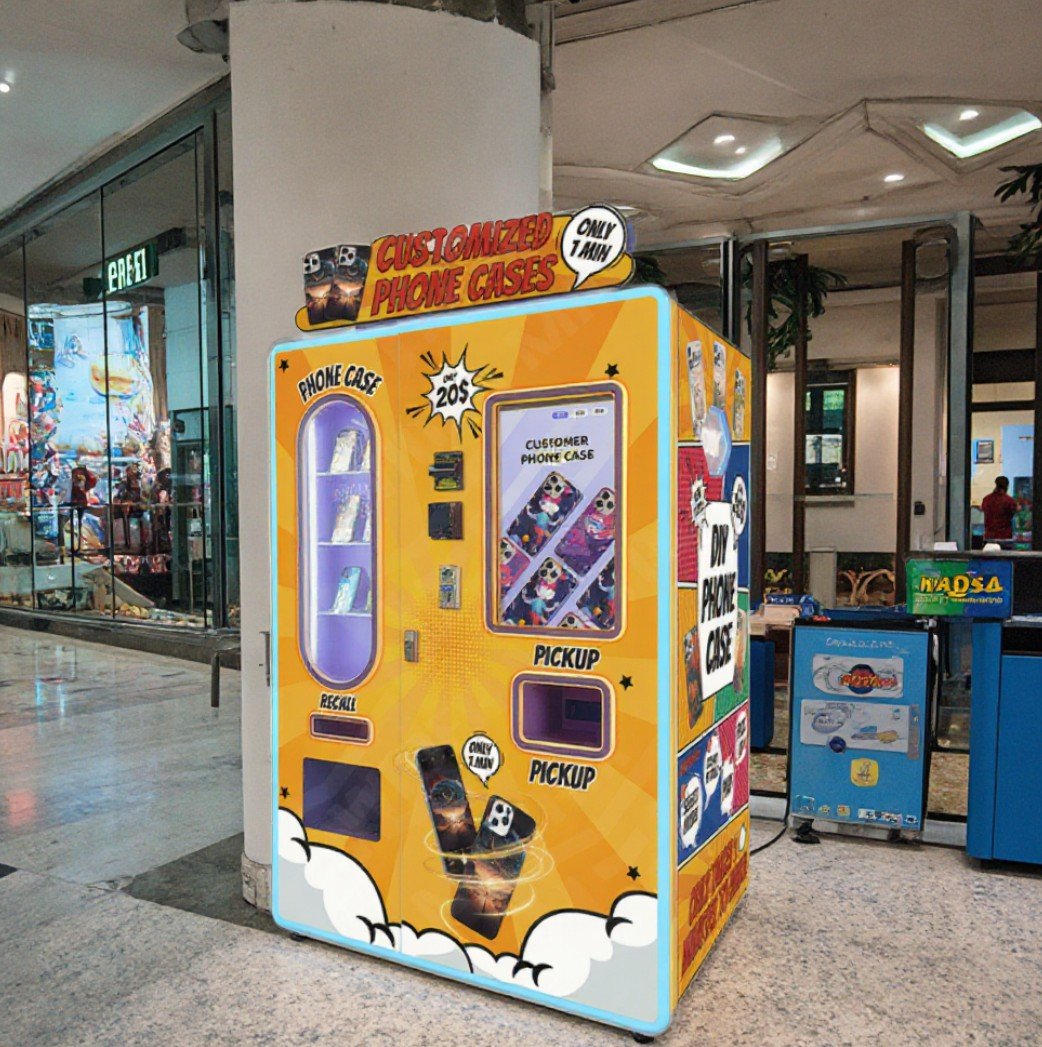 Modern phone case vending machine in a shopping mall