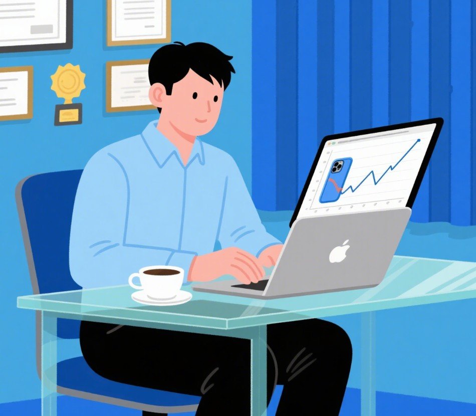 Person analyzing phone case market data on laptop