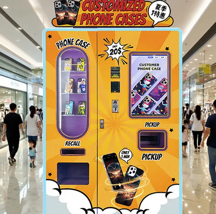 Customer using a Wider Matrix phone case vending machine in a mall