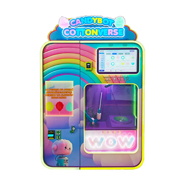 Fully-automatic-cotton-candy-vending-machine-dispensing-a-colorful-cone