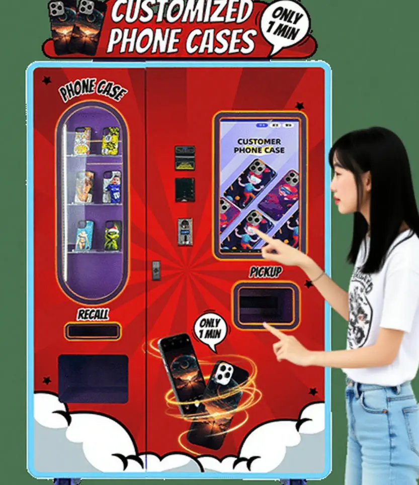 A customer using a touch screen on a phone case vending machine