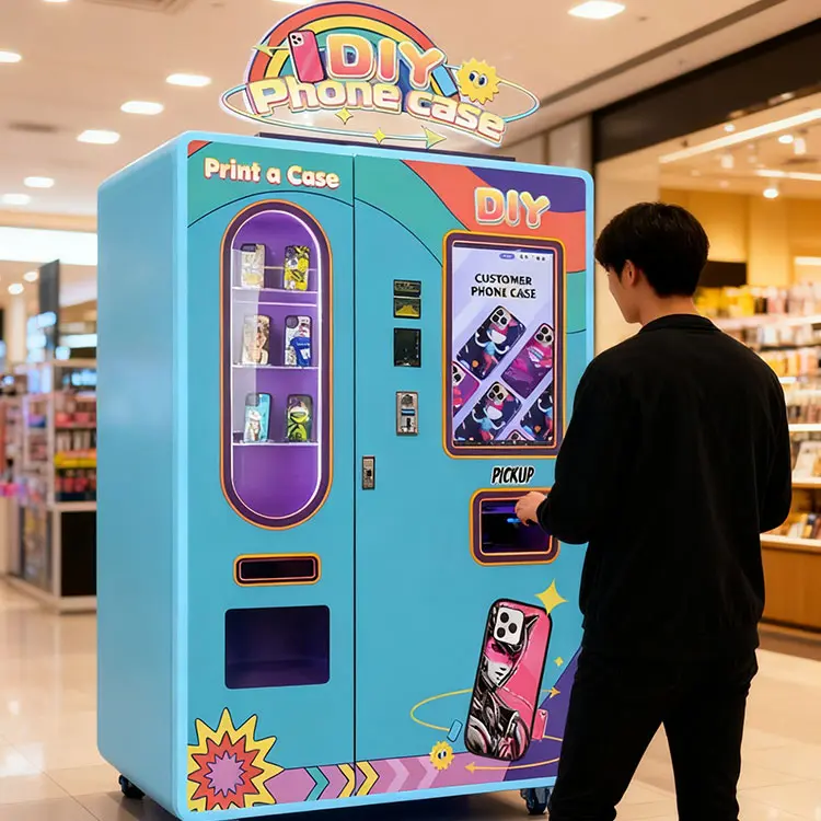 A custom phone case vending machine in a busy shopping mall attracting customers