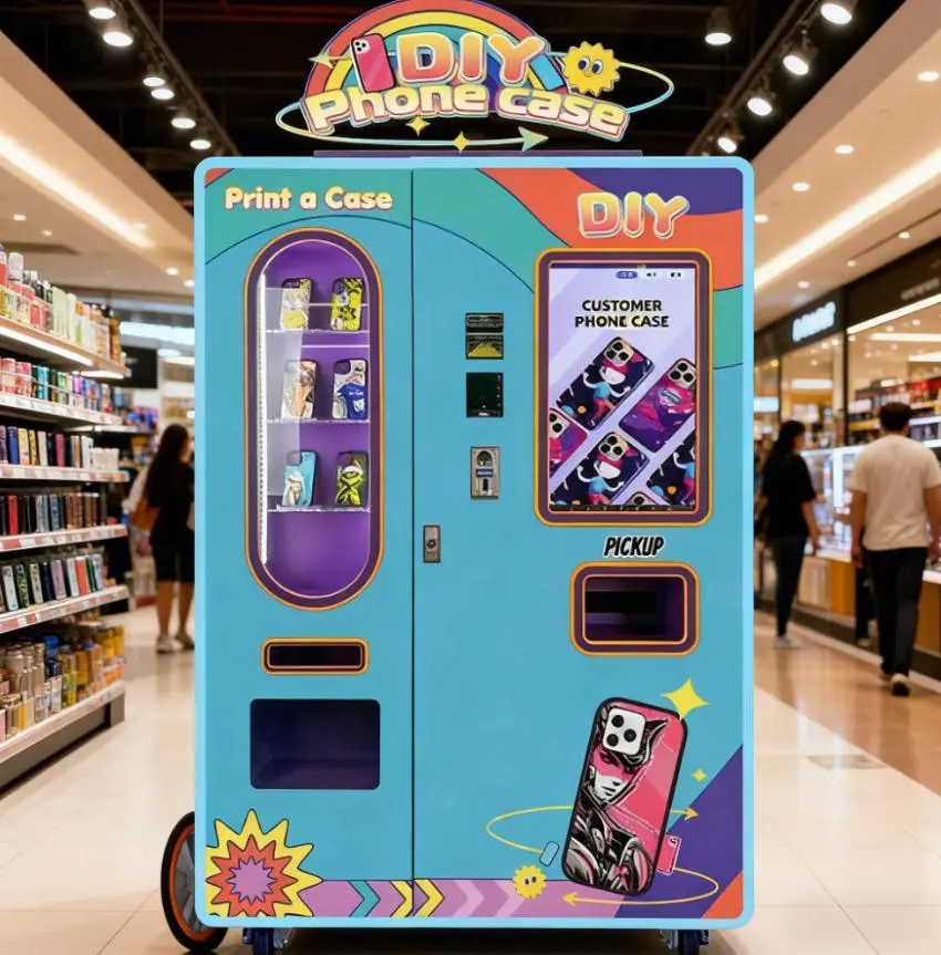 A modern phone case printing vending machine in a shopping mall