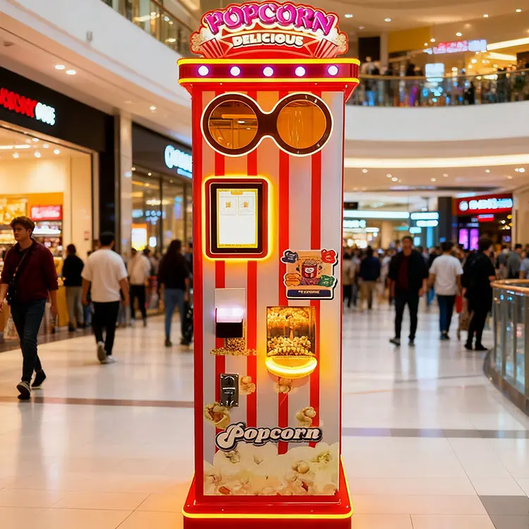 A modern popcorn vending machine in a busy shopping mall attracting customers