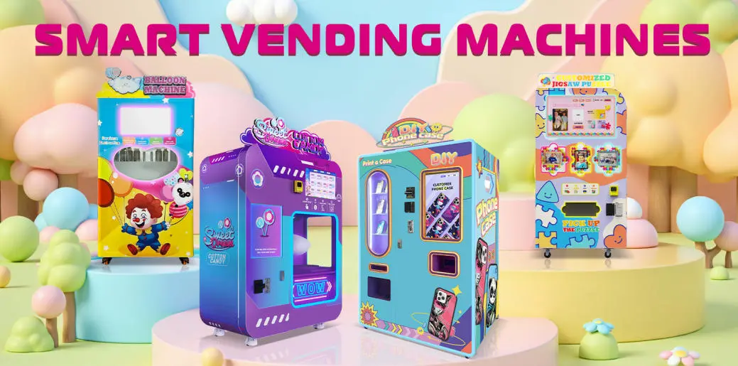 A row of different vending machines including phone case and cotton candy