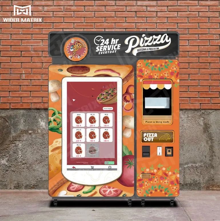 Automatic pizza vending machine in a busy public location