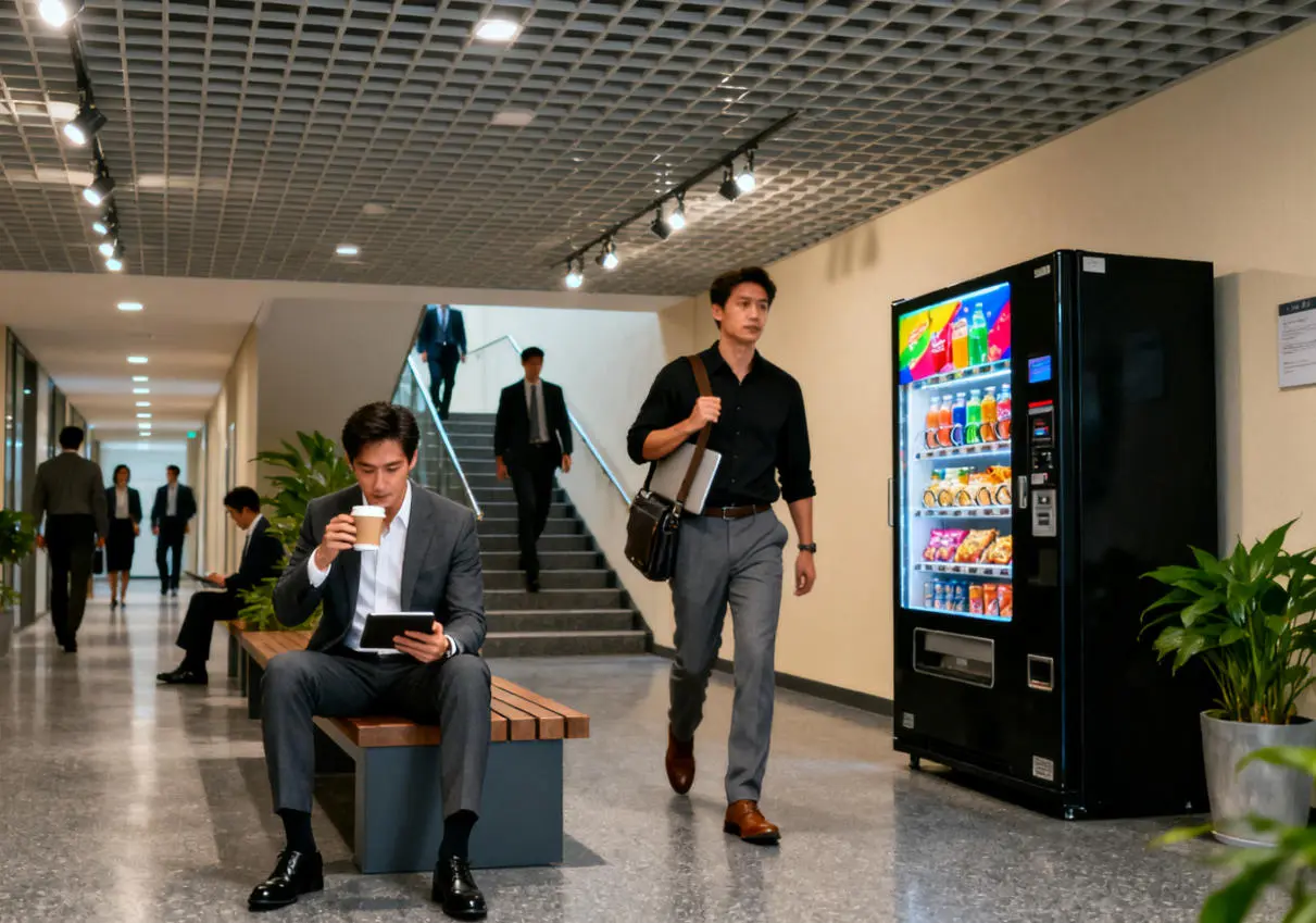 Busy hallway with a vending machine in a corporate office building