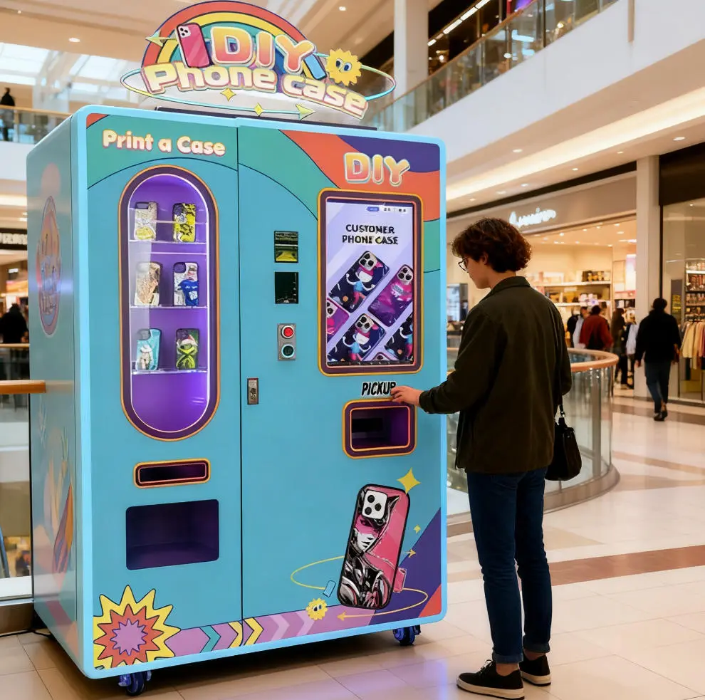 Cell phone case vending machine in a retail environment