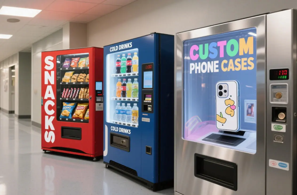 Comparison of different types of vending machines in America showing snack, drink, and specialty units
