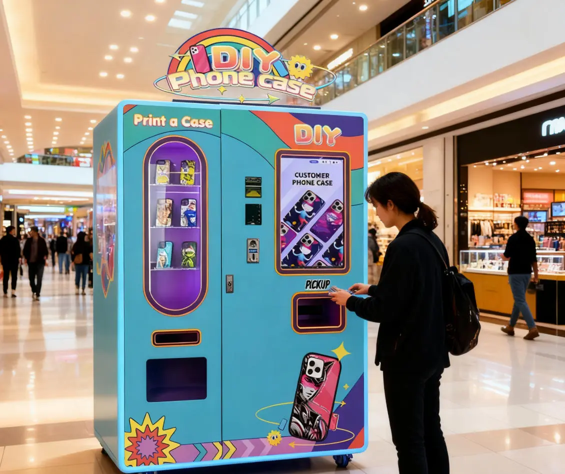 Customer using a Cell Phone Case Vending Machine in a mall