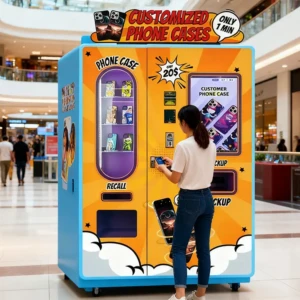 Un cliente utiliza una máquina expendedora de fundas de teléfono personalizadas en un centro comercial