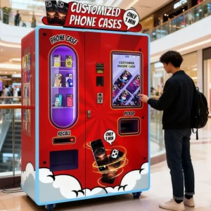 Покупатель пользуется автоматом по продаже чехлов для телефонов в торговом центре