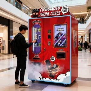 Customer using phone case vending machine for instant customization