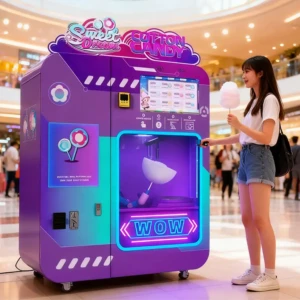 Fully automatic cotton candy robotic vending machine producing a colorful treat