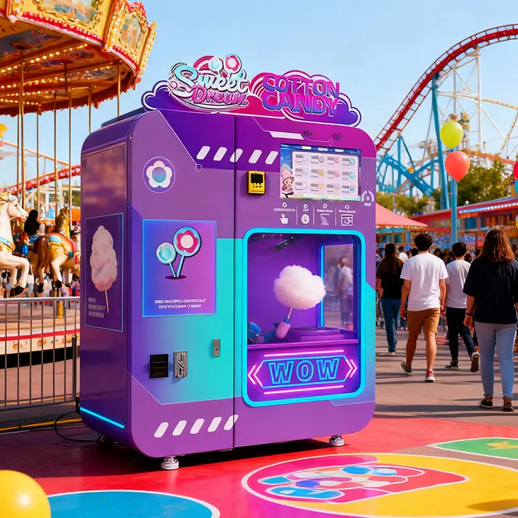 Fully-automatic-cotton-candy-vending-machine-in-a-busy-theme-park-setting