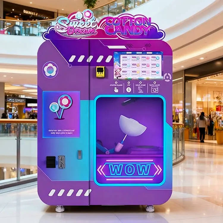 Fully-automatic-cotton-candy-vending-machine-producing-a-fresh-serving