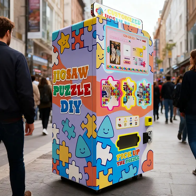 Modern automated jigsaw puzzle making machine in a retail environment