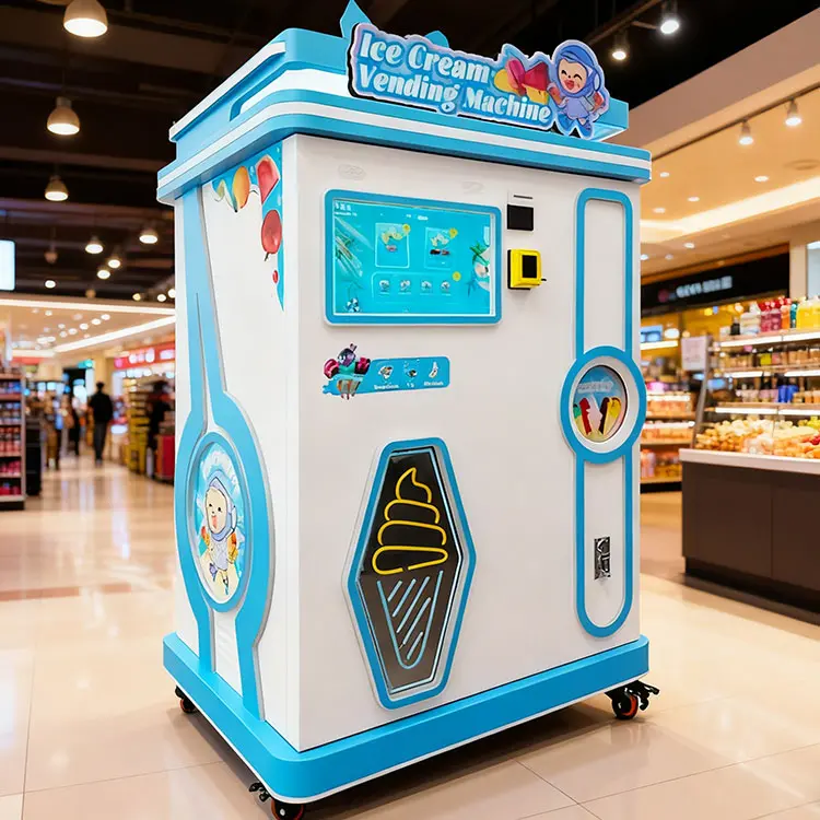Modern ice cream vending machine in a shopping mall setting