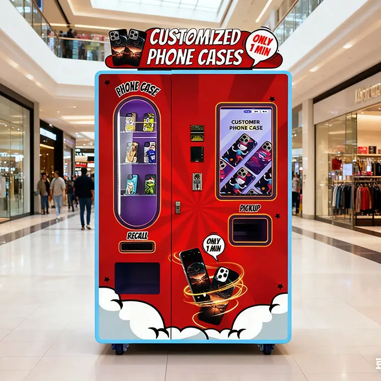 Modern phone case vending machine in a shopping mall with touchscreen interface