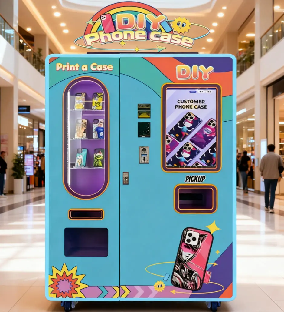 Modern vending machine in a busy shopping mall corridor