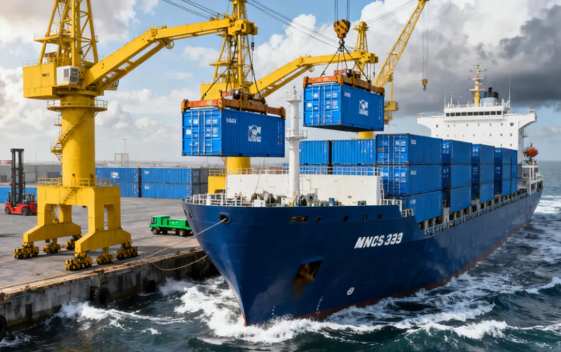 Shipping containers being loaded onto a ship for export