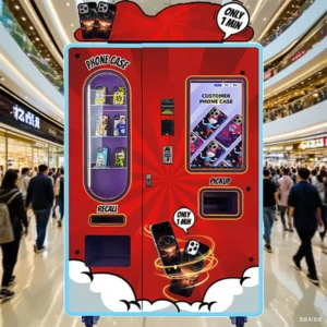 Customer using a touchscreen on a phone case vending machine