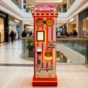 Technician performing maintenance on a commercial popcorn machine