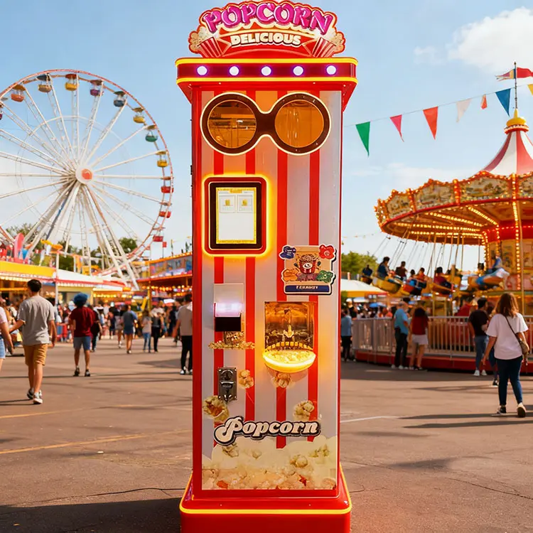 A classic red and chrome vintage popcorn vending machine at a fairground