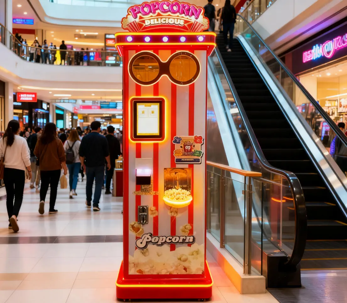 A modern popcorn vending machine placed in a busy shopping mall corridor