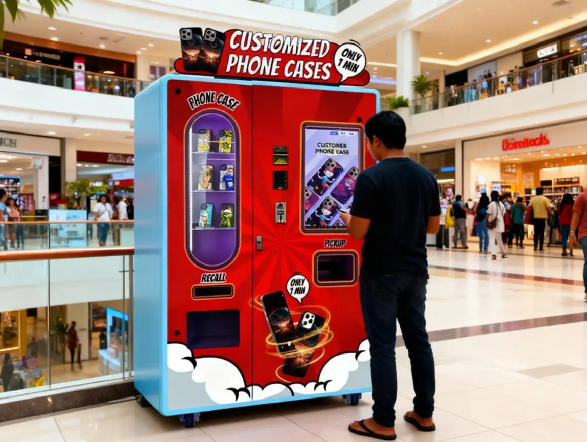 Customer designing a custom phone case at a vending machine in the Philippines