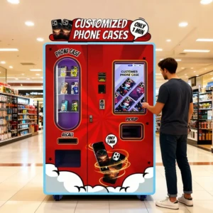Customer using a phone case vending machine in a shopping mall