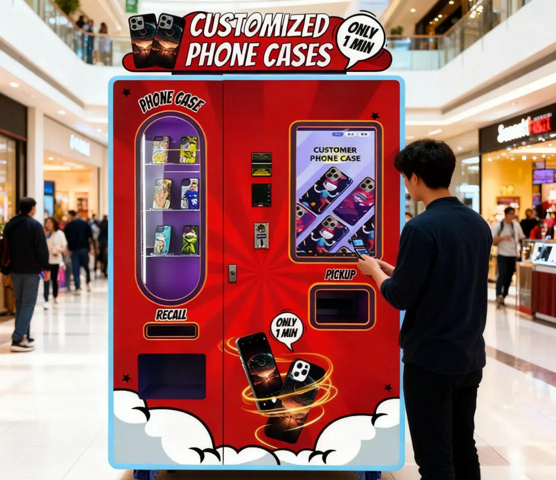Customer using a touchscreen on a phone case vending machine