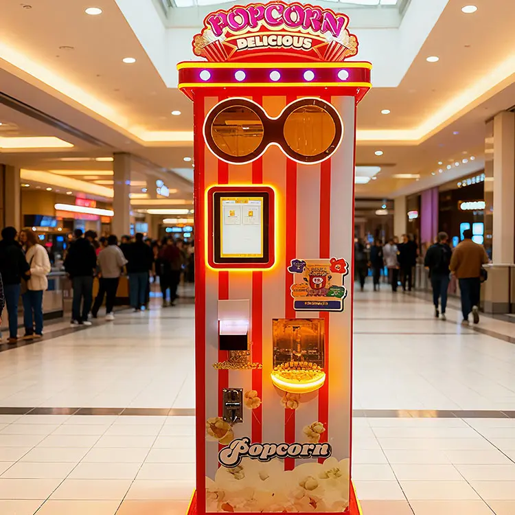 Modern popcorn vending machine serving fresh popcorn to customers