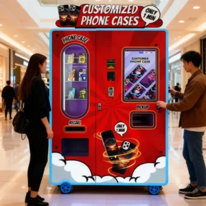 Un cliente que usa una máquina expendedora de cajas para teléfonos en un centro comercial
