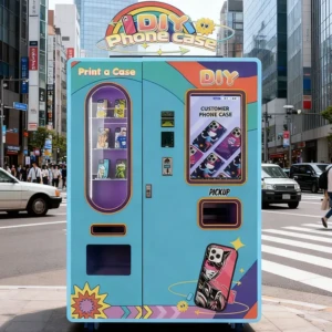 A modern phone case vending machine on a busy street in Tokyo, Japan