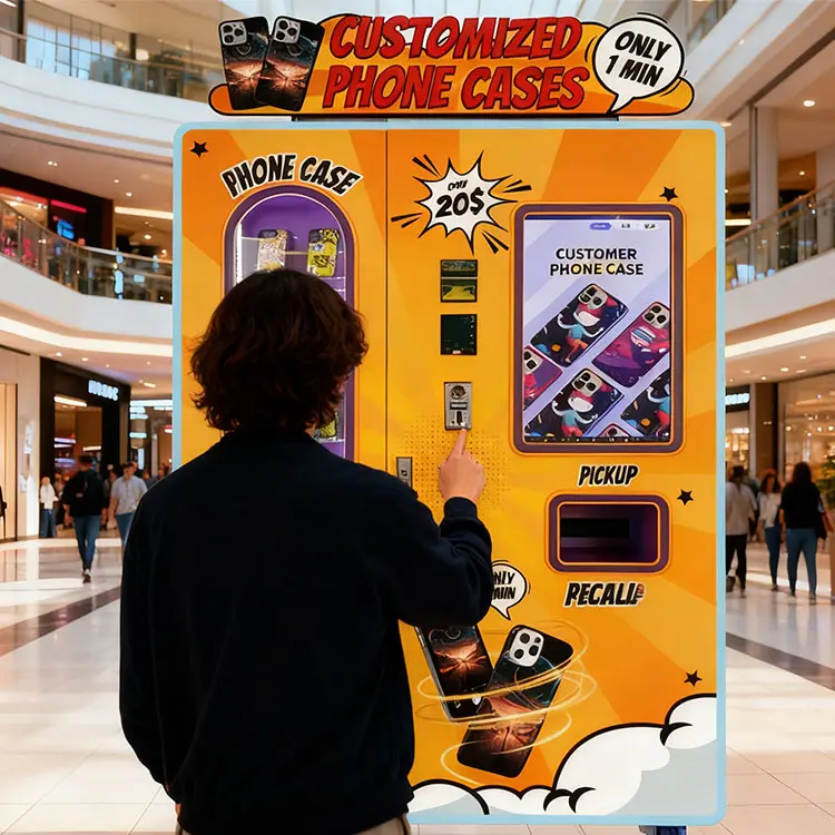 Una persona que usa la pantalla táctil de una máquina expendedora de cajas para teléfonos en Adelaida