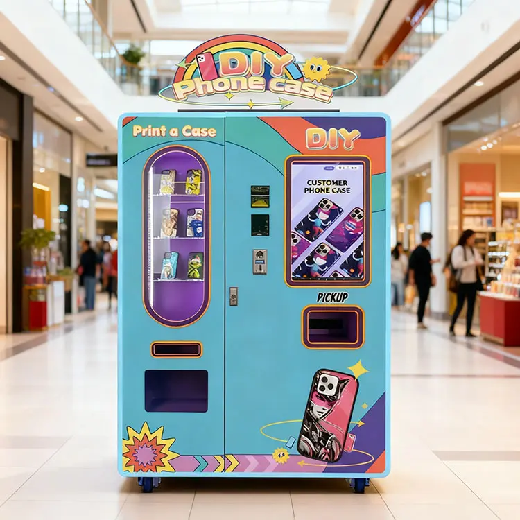 Customer using phone case vending machine in Australian shopping centre