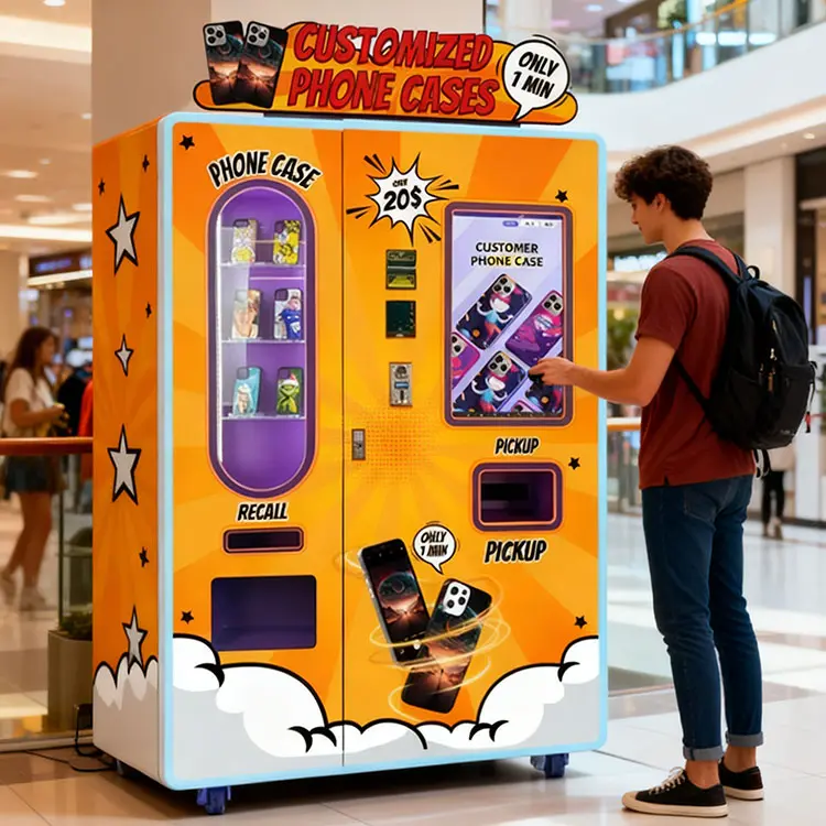 Customer using a DIY phone case vending machine in a shopping mall