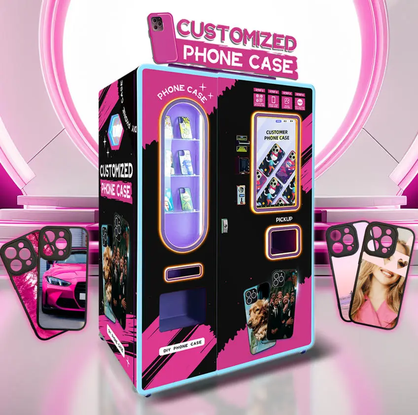 Un collage de diferentes máquinas expendedoras de Wider Matrix incluyendo fundas de teléfonos y máquinas de caramelo de algodón