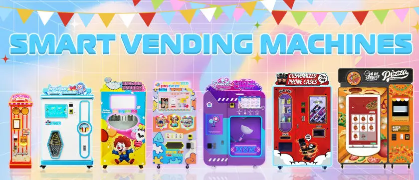 A row of different vending machines including phone case and cotton candy
