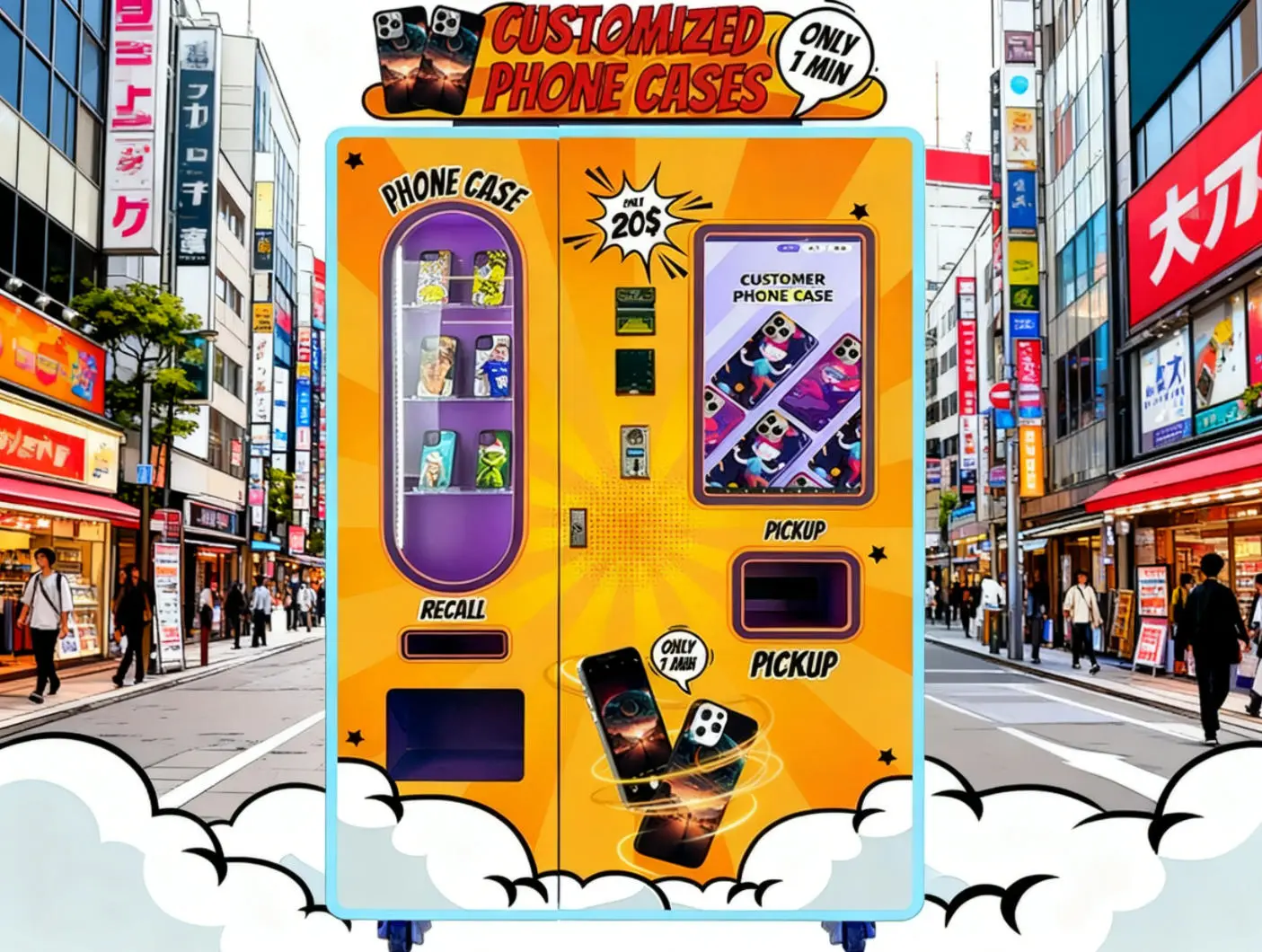 Modern phone case vending machine in Osaka shopping district
