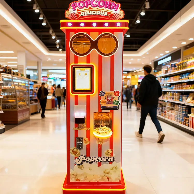 Máquina expendedora automática moderna de palomitas de maíz en el vestíbulo de un cine