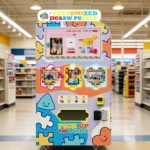 Interactive toy puzzle vending machine in a busy shopping mall