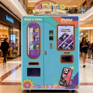 Máquina expendedora de tecnología moderna que vende teléfonos inteligentes y accesorios