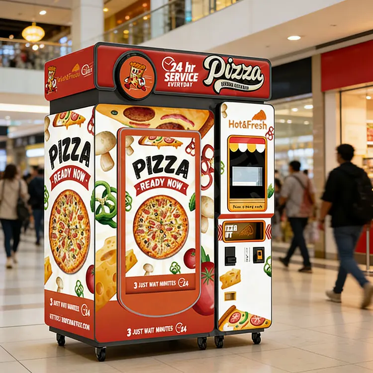 A modern pizza vending machine in a busy urban location