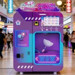 A fully automatic cotton candy vending machine operating in a busy shopping mall